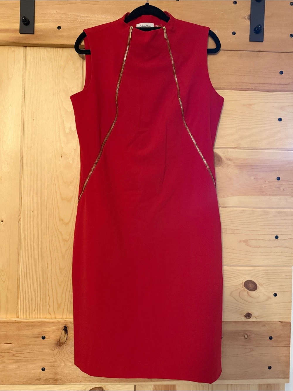 Sleeveless Calvin Klein Red Sheath Dress with Gold Zipper Trim